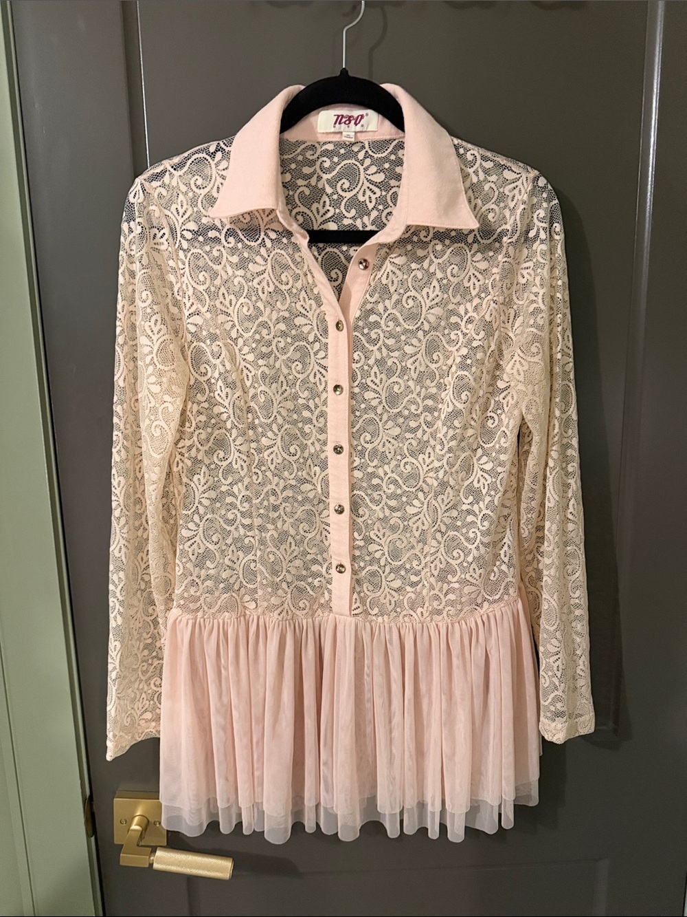 Delicate Pink Lace Button-Down Peplum Shirt, EUC XL